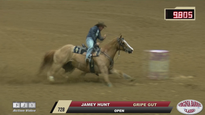 Watch Jamey Hunt and Gripe Gut do it again this time a 14.395 to win the Open race