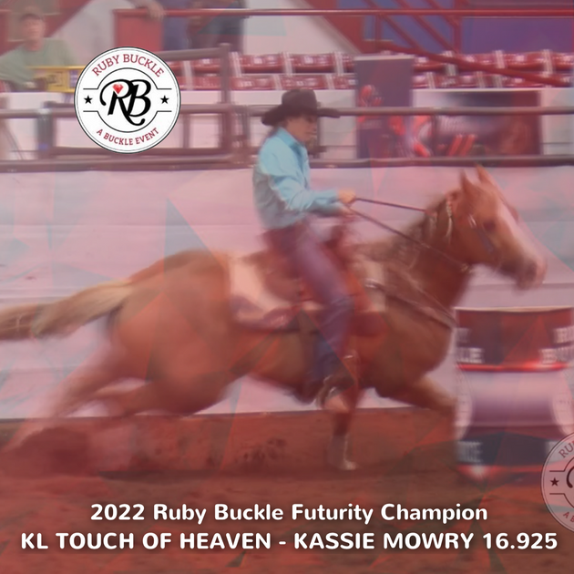 2022 Ruby Buckle Futurity Champion Kassie Mowry and KL Touch of Heav