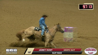 Watch the winning run for the 2023 Virginia Barrel Classic Slot Race - Jamey Hunt   Gripe Gut