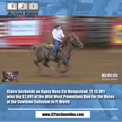 Claire Sechelski on Gypsy Rose Cat Hempstead, TX 13.981 wins big $2,691 at the Wild West Promotions Run For the Roses at the Cowtown Coliseum in Ft Worth